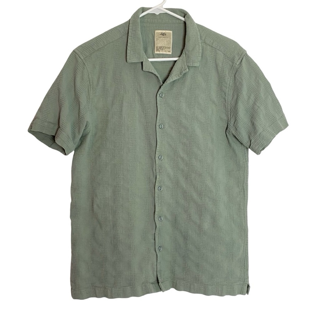 Life Button Down Shirt Mens Size Medium Large Green Short Sleeve Cotton Eco